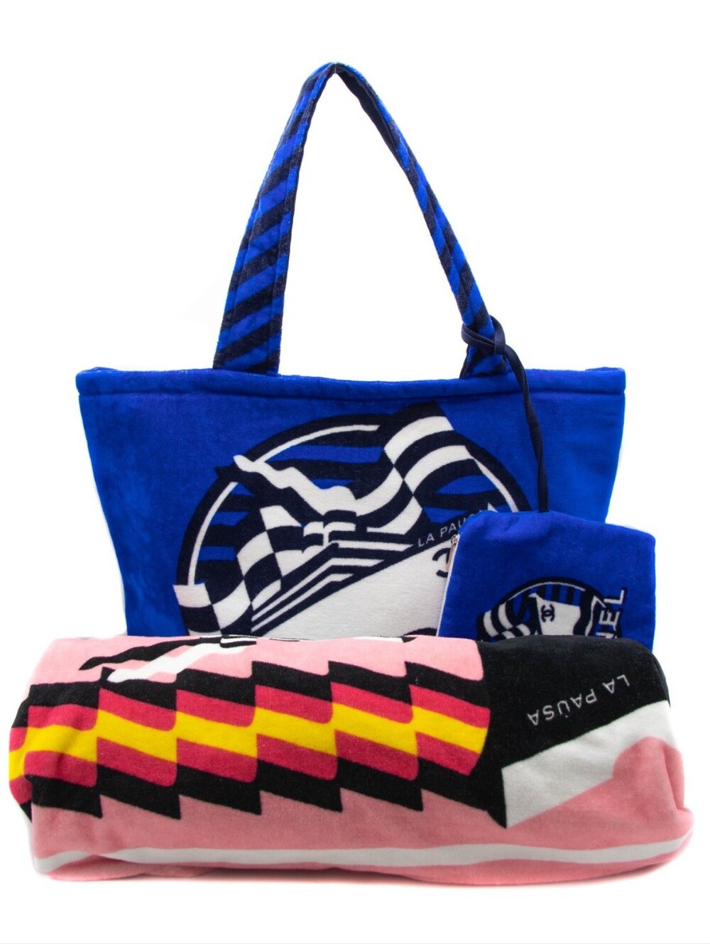 Authentic Chanel " La Pausa" Terry Cloth Reversible Beach Tote Bag & Tower Set.